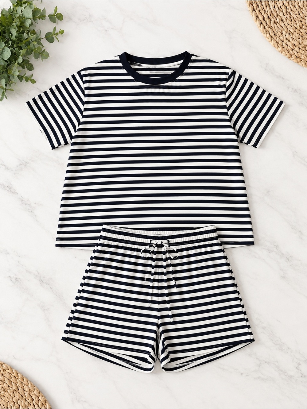 Women’s Navy and White Striped Set - Short Sleeve & Shorts